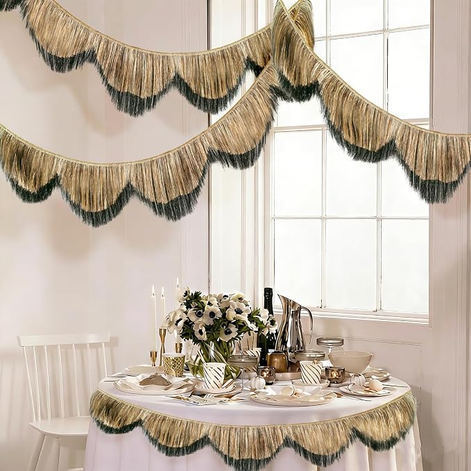 1 Pack Black & Gold Tinsel Fringe Banner 7FT Double-Layer Wavy Tassel Garland - Image 5