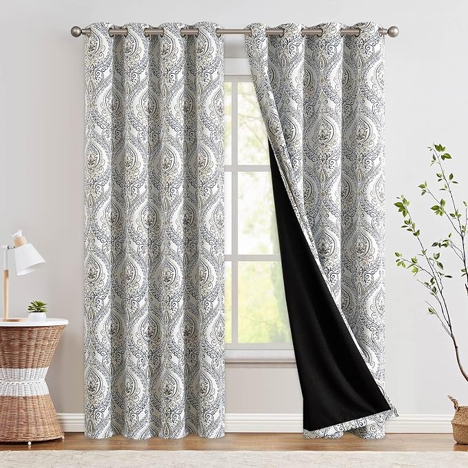 jinchan Blue Blackout Curtains 90 Inch Damask Vintage Grommet 2 Panels | Room by JINCHAN