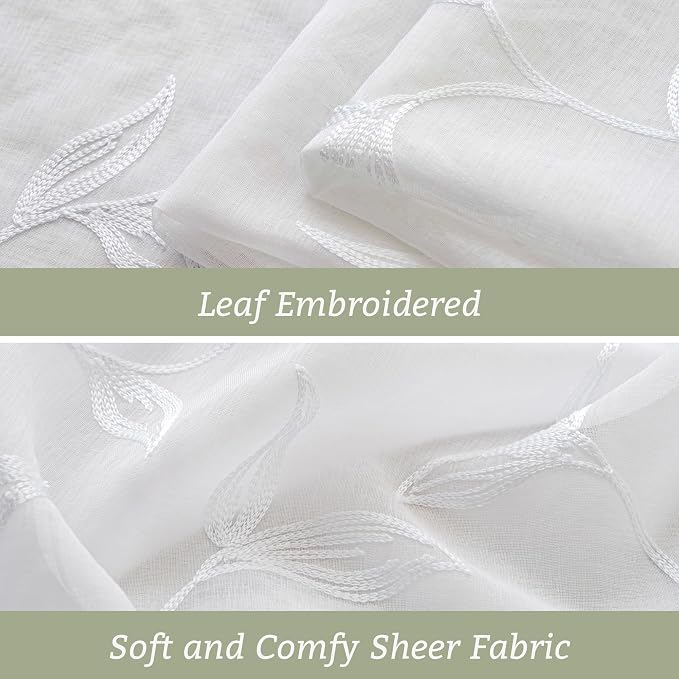 Sheer Kitchen Cafe Curtains Embroidered Leaf Pattern White 26x36 | Light - Image 4