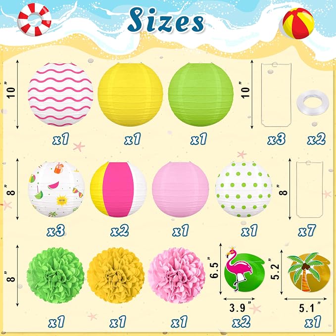 16Pcs Summer Party Decorations Paper Lanterns Pom Poms Hanging Swirls - Image 3