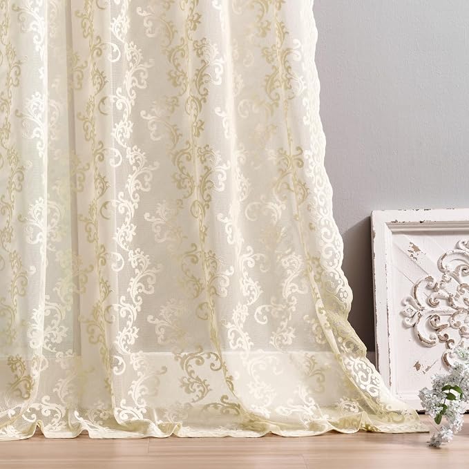 FOLKSIDE Beige Lace Curtains 90 Inches Long 2 Panels Vintage Paisley Curtains - Image 5