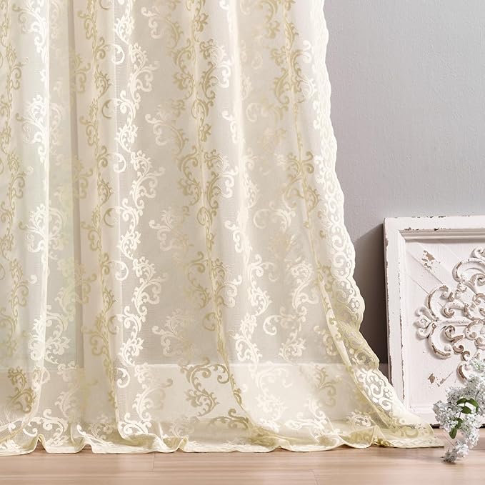 Beige Lace Curtains 80 Inches Long 2 Panels Vintage Paisley Lace Curtains - Image 5