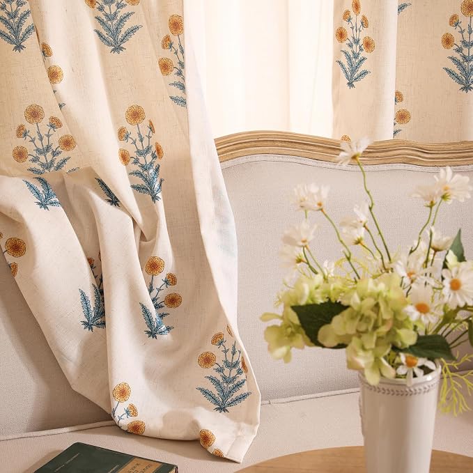 Designer Vintage Linen Printed Curtain, 2 Panels, Pale Yellow Floral Pattern - Image 8
