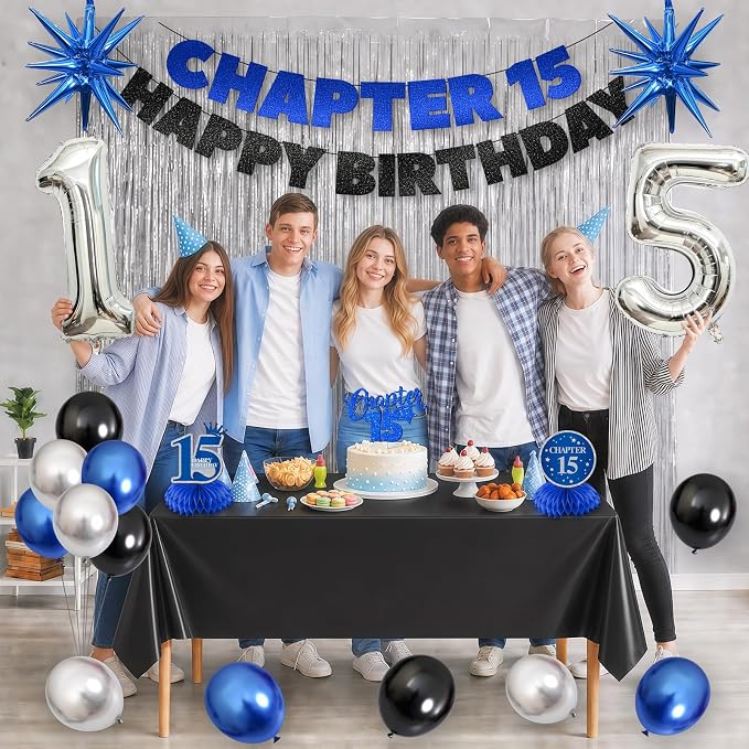 15th Birthday Decorations for Boys and Girls, Fringe Curtains, Tablecloth and - Image 2