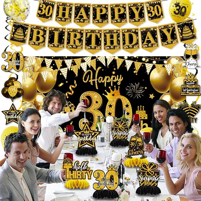 Mxdfafa 39Pcs Black Gold Glitter 30th Birthday Decorations Kit, 30th Bday Party - Image 3