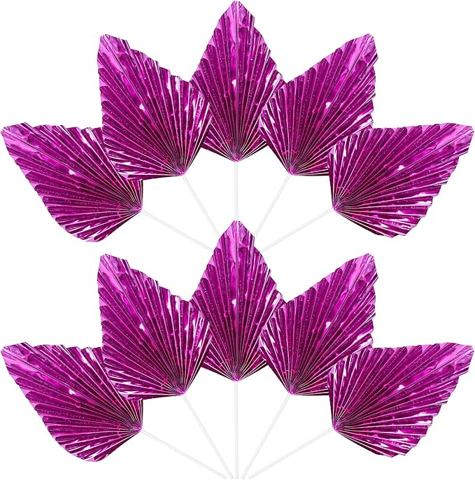 Ephlyn 6Pcs Paper Palm Leaves Fan Cake Toppers Palm Leaf Fan Cake Picks Craft DIY Fan Cupcake Toppers Palm Spear Leaves Cake Decorations for Baby Shower Wedding Birthday Party Supplies Bright Rose Red