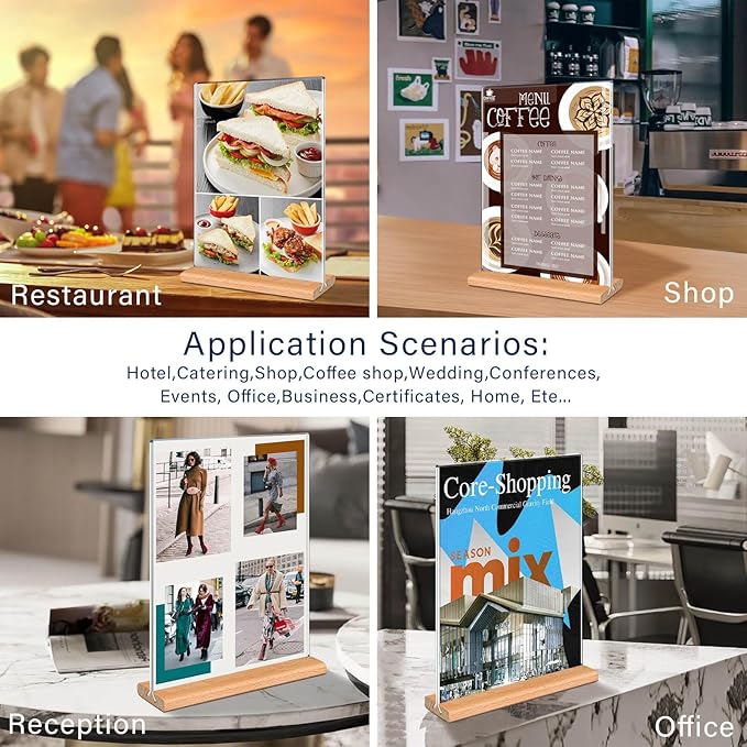 Kersally Acrylic Sign Holder 4 x 6, 4 Pack Double-Sided Clear Table Display Stands with Wood Base,Vertical Acrylic Frame Menu Flyer Paper Holder for Stores, Restaurants, Hotels, Office, Show Fair