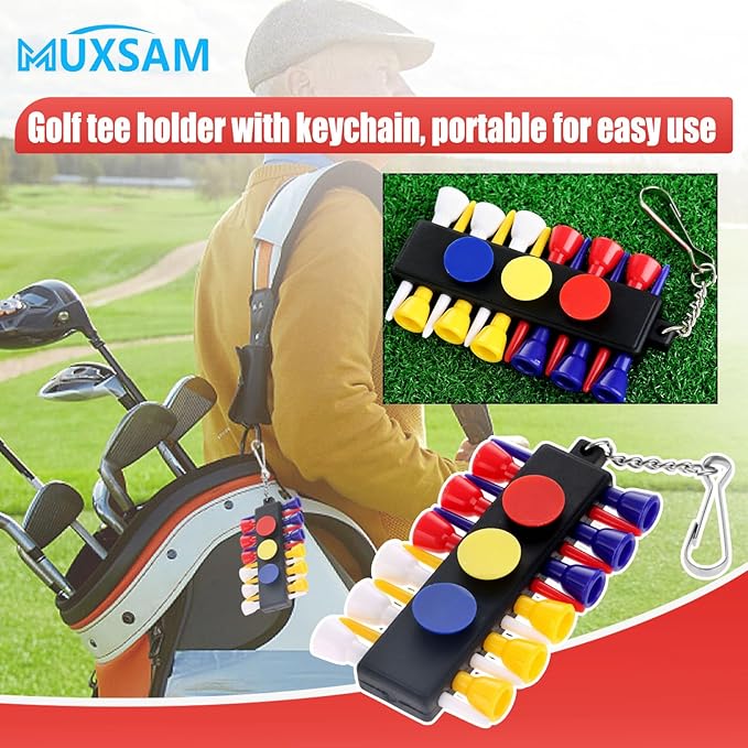 MUXSAM Black Golf Tee Holder for Bag, 1-Pack Golf Tee Carrier with 12 Tee Hole 3 Ball Markers Holes Keychain Golf Accessory