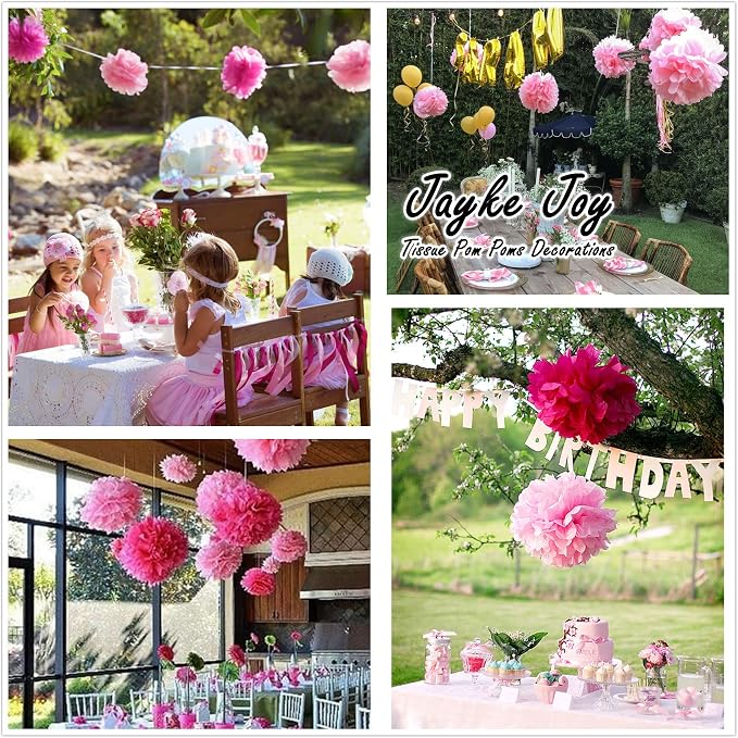 12pcs Pink Paper Pom Poms Set for Party Decor - Image 4