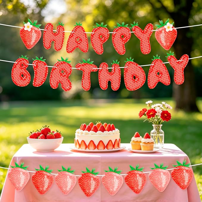 MEETINGU Strawberry Happy Birthday Banner, Fruit Theme Party Decoration - Image 4