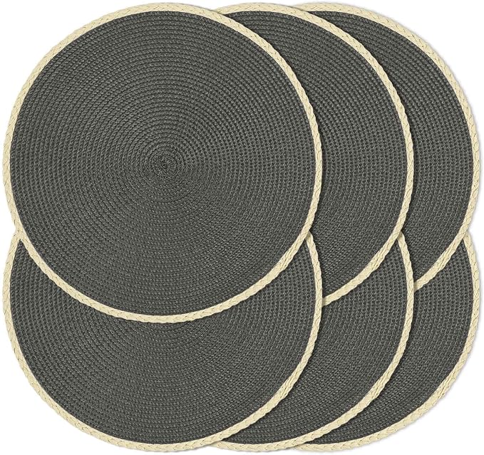 Round Placemats Set of 6, Woven Table Mats, Thin Edge, Charcoal Grey | Braided by Noctiflorous