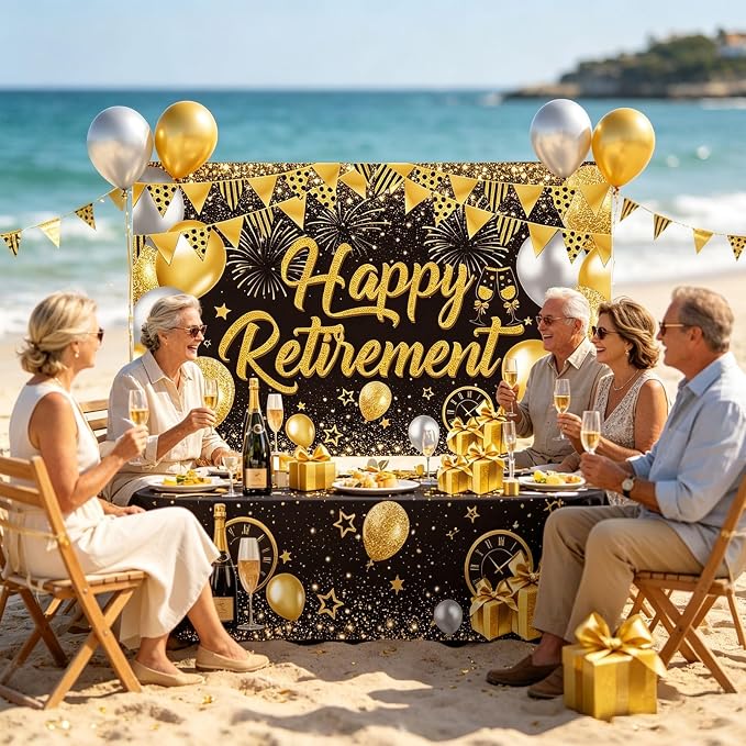 Black Gold Happy Retirement Banner Backdrop Photography Background Hanging - Image 6