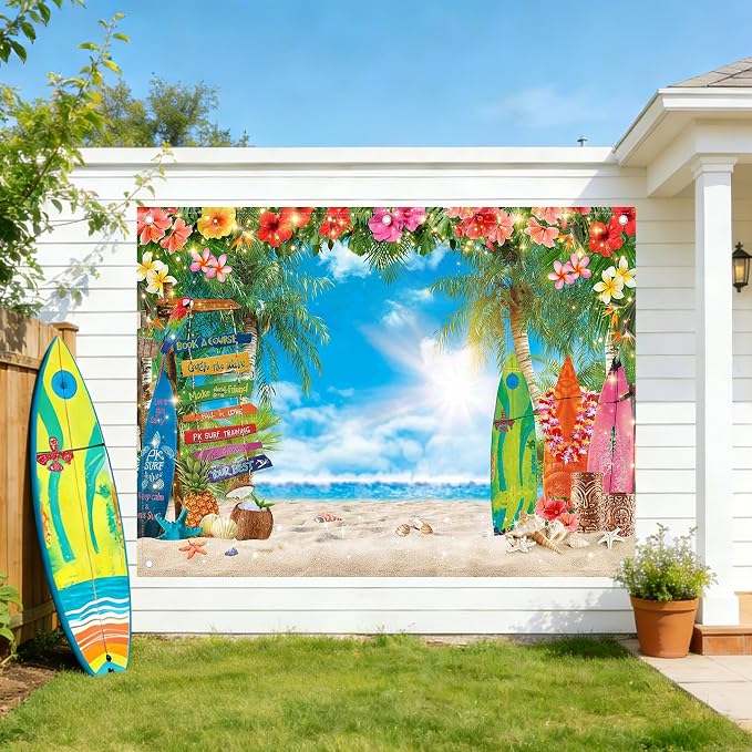 8x6ft Summer Hawaiian Beach Photography Tropical Luau Backdrop | Flower Palm - Image 2