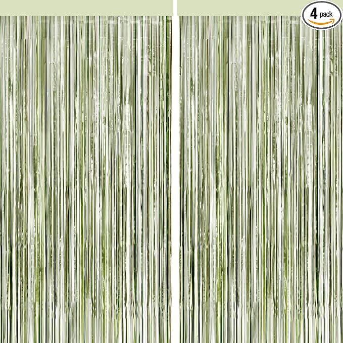 4 Packs Sage Green Foil Fringe Curtain, Light Green Glitter Metallic Tinsel by BSRESIN