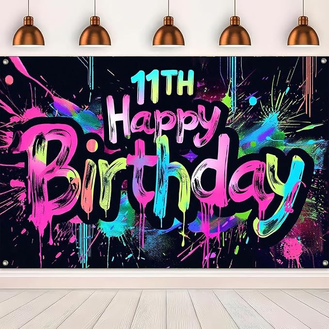 HOMETITUTE Graffiti 11th Happy Birthday Banner 71x43 Inch Neon Party | Glow in - Image 5