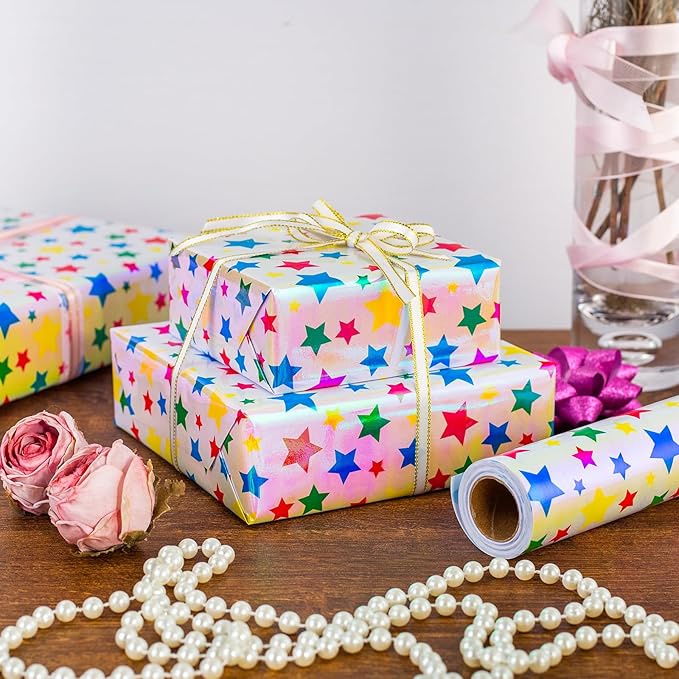 Burymento Holographic Pink Star Gift Wrapping Paper for Birthday, Valentines, Mothers day, Graduation, Wedding, Fathers day, Baby Shower, Christmas (17in x 32.8ft)