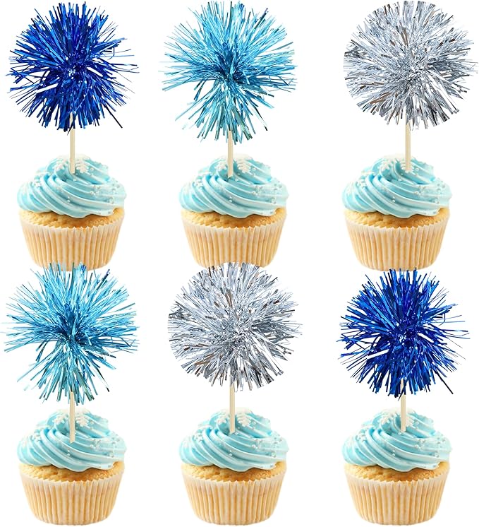 Gyufise 30Pcs Foil Firework Cupcake Toppers Sparkle Tinsel Cake Toppers Tinsel by Gyufise