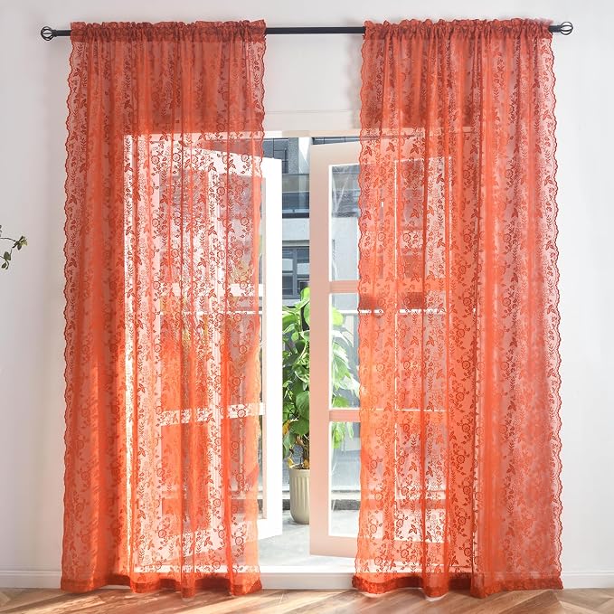 Burnt Orange Sheer Lace Curtains Rustic Leaf Floral 52 x 80 Inch 2 Panels | Rod - Image 2