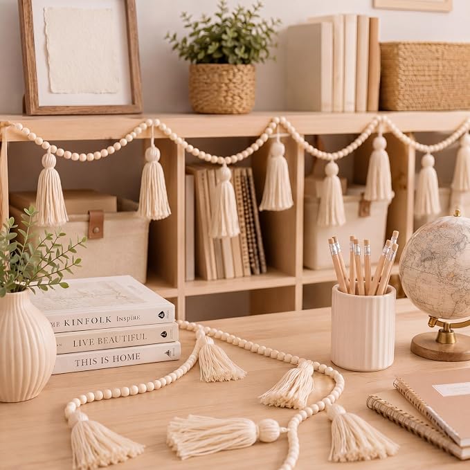 Janinka Tassel Garland Boho Classroom Decor Macrame Wooden Bead Garlands Wood - Image 6