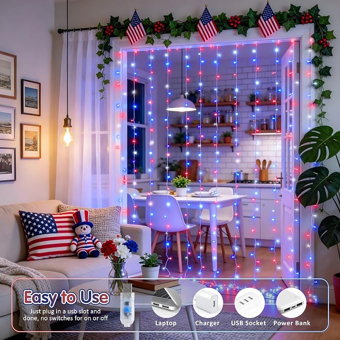 JMEXSUSS 200 LED Red White and Blue Curtain Lights, 6.5ft x 6.5ft | 4th of July - Image 2