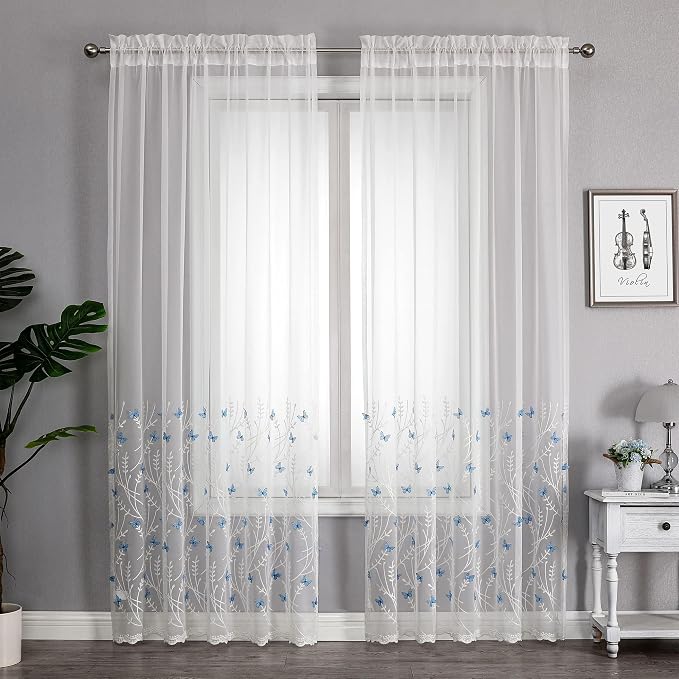 White Sheer Voile Curtains White Embossed Butterflies 63 Inches | Light - Image 2