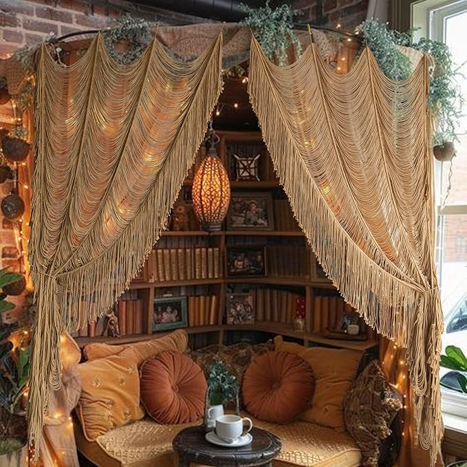 2 Panels Macrame Curtains 59" W x 75" H Handwoven Brown Room Divider Door | by FLBER