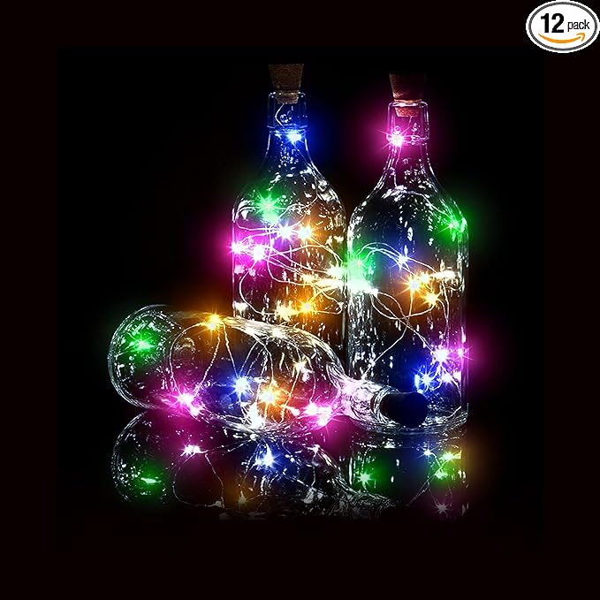 Bottle Lights 12 Pack 20 LEDs Cork Lights for Wine Bottles Battery (Included) Powered Fairy Mini String Lights for DIY Jar Lighting Indoor Bedroom Party Wedding Christmas Halloween Decor (Colorful)