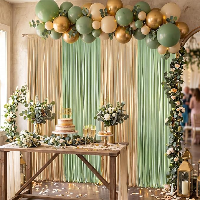 Frienda 4pcs Sage Green and Gold Party Decorations 6.6ft Fringe Curtains - Image 5