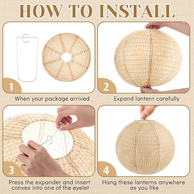 12 Pcs Print Burlap Paper Lanterns Round Chinese Paper Lanterns Farmhouse Boho - Image 3