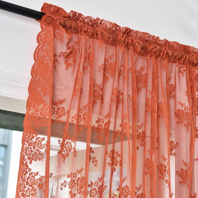 Kotile Burnt Orange Lace Floral Curtains - Image 2