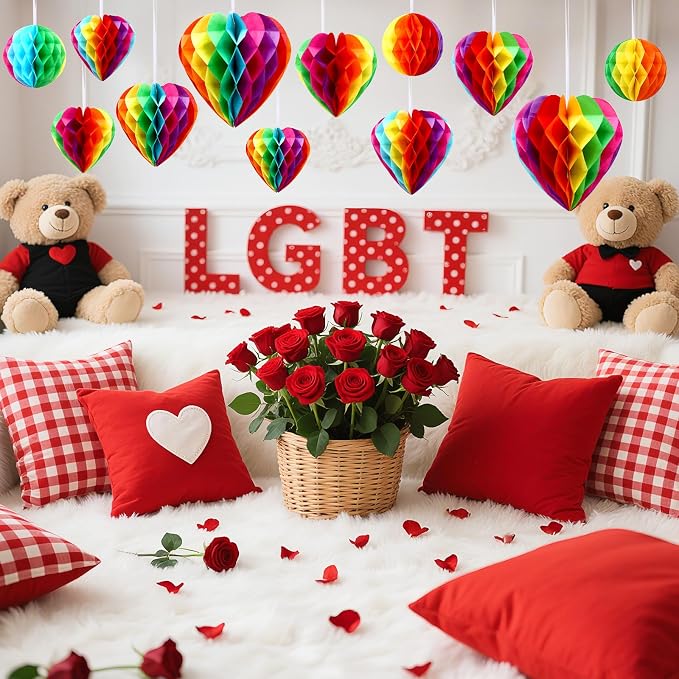 BOARDFEB 12 Pcs Rainbow Heart Round Paper Honeycomb Balls Pride Decorations | - Image 4