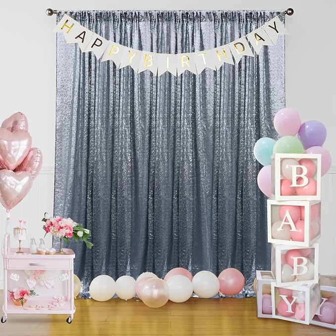 Sugargirl Black Silver Sequin Backdrop Curtain 4 Panels 2FTx8FT Glitter Black - Image 2