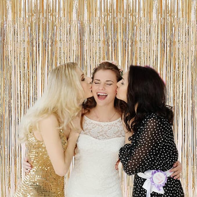 2 Pcs 3.2ft x 8.2ft Champagne Gold Metallic Tinsel Foil Fringe Curtains Photo - Image 4