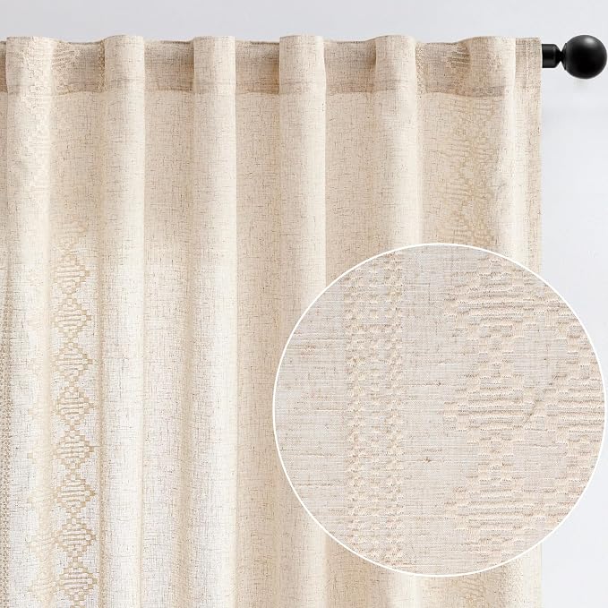 jinchan Floral Linen Curtains Embroidered Back Tab 50x63in 2 Panels Ivory | - Image 9