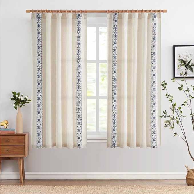 jinchan Floral Linen Curtains Embroidered Back Tab 50x63in 2 Panels Blue | - Image 3