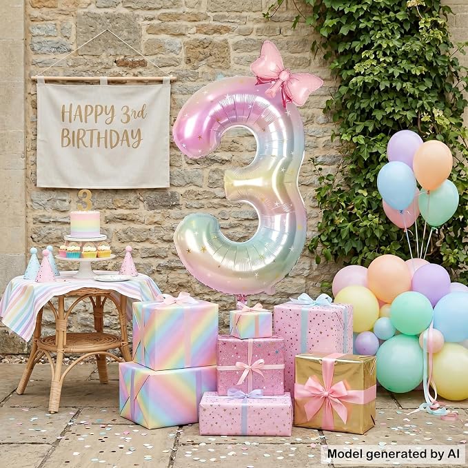 40" Giant Number 3 Balloon Pastel Rainbow Foil - Image 4