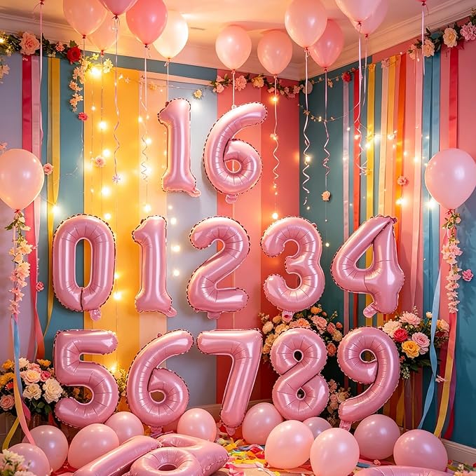 2 Set 20 Pcs Number Balloons 16 Inch Baby Pink 0-9 Number Mylar Foil Balloons - Image 3