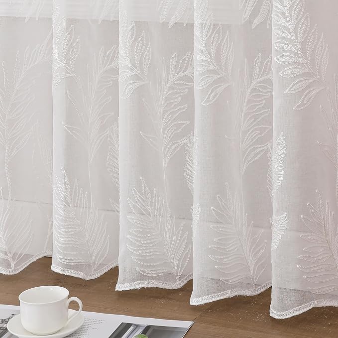White Sheer Curtains Embroidered Leaf 2 Panels 96 Inches Long | Light Filtering - Image 4