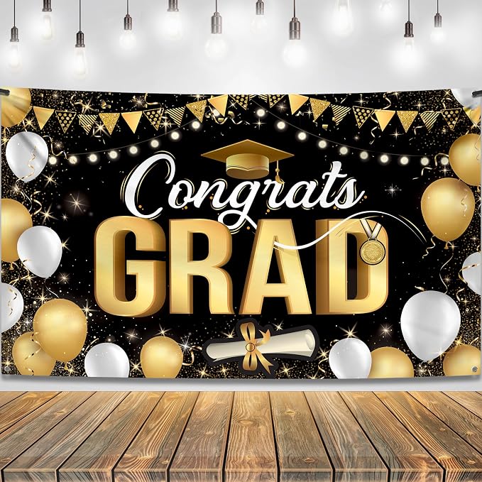 KatchOn Black and Gold Congrats Grad Banner 72x44 Inch | Graduation Decorations by KatchOn
