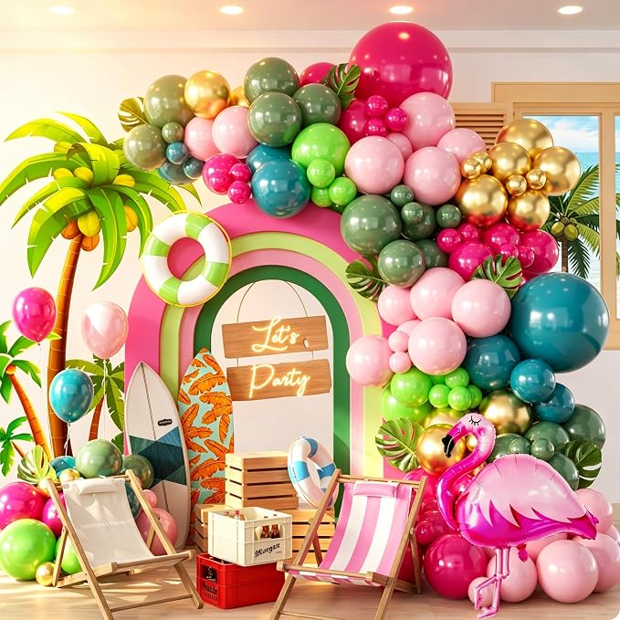 146Pcs Tropical Flamingo Balloon Arch Garland Kit, Hot Pink Dark Green Light by Woaipati
