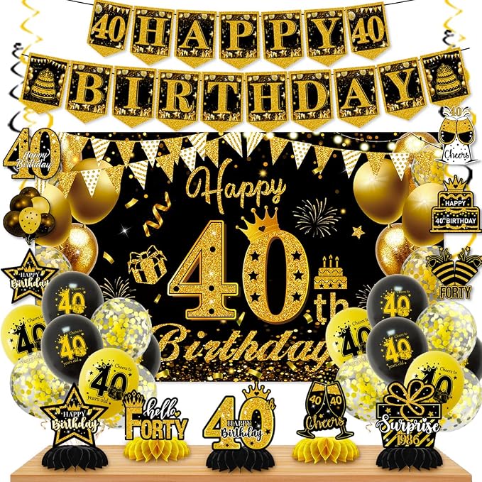 Mxdfafa 39Pcs Black Gold Glitter 40th Birthday Decorations Kit, 40th Bday Party by Mxdfafa