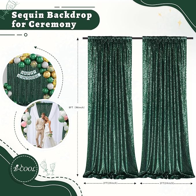 Emerald Green Sequin Backdrop Curtains Party Glitter Drapes 2 Pcs 2FTx8FT | - Image 5