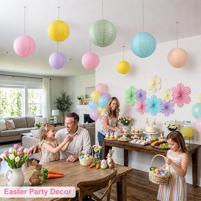 Pastel Classroom Ceiling Decor, 18-Pc Hanging Paper Lanterns & Flower Fans | - Image 8