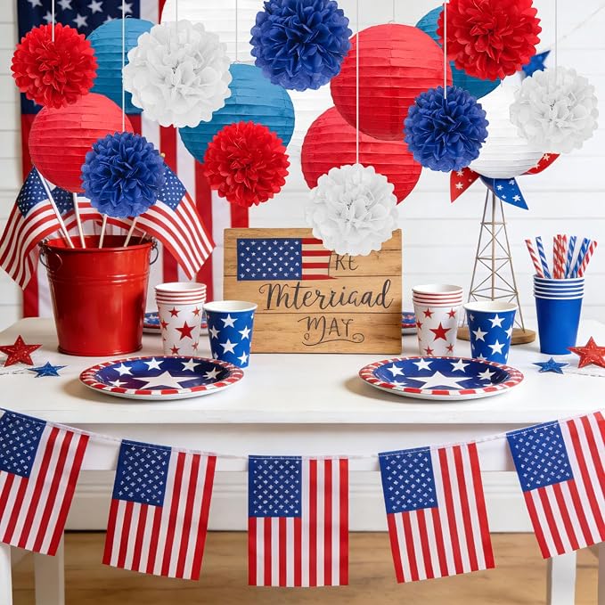 18 PCS Red White Blue Paper Lanterns & Tissue Paper Pom Poms - Image 4
