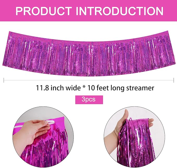 BEISHIDA Laser Rose Red Fringe Garland Banner Wall Tinsel Foil Streamers | 3Pack - Image 2
