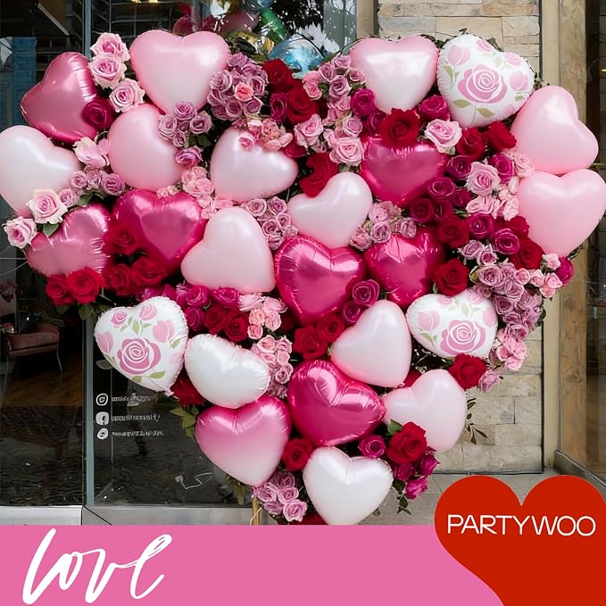 PartyWoo Pink White Rose Hot Pink White Heart Foil 15pcs Balloons 18 Inch | - Image 5