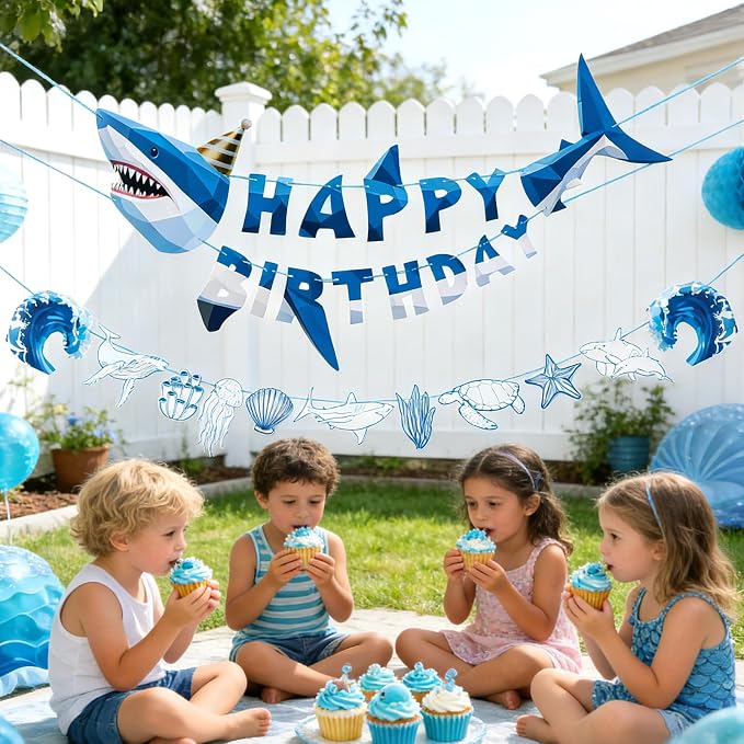 SUNBEAUTY Shark Birthday Party Decorations Shark Happy Birthday Banner Ocean - Image 5