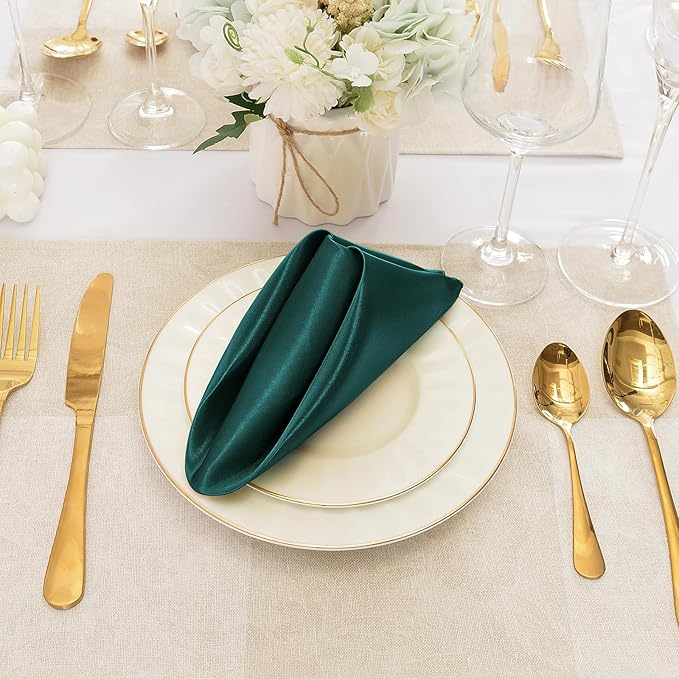 12 Pieces Forest Green Satin Napkins, 17" x 17" Square Table Napkins, Silky Soft Smooth Washable Napkins for Restaurant, Weddings, Dinner, Party Decoration