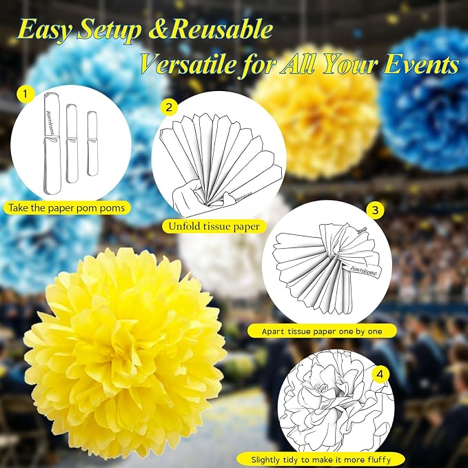 AimtoHome Blue Yellow White Paper Flower Pom Poms, 6/8/10 Inch Assorted Sizes - Image 6