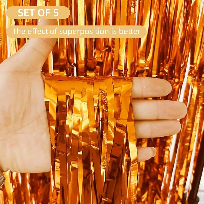 5 Pack Orange Fringe Backdrop 3.2ft x 8.2ft Foil Curtain Tinsel Foil Fringe - Image 2